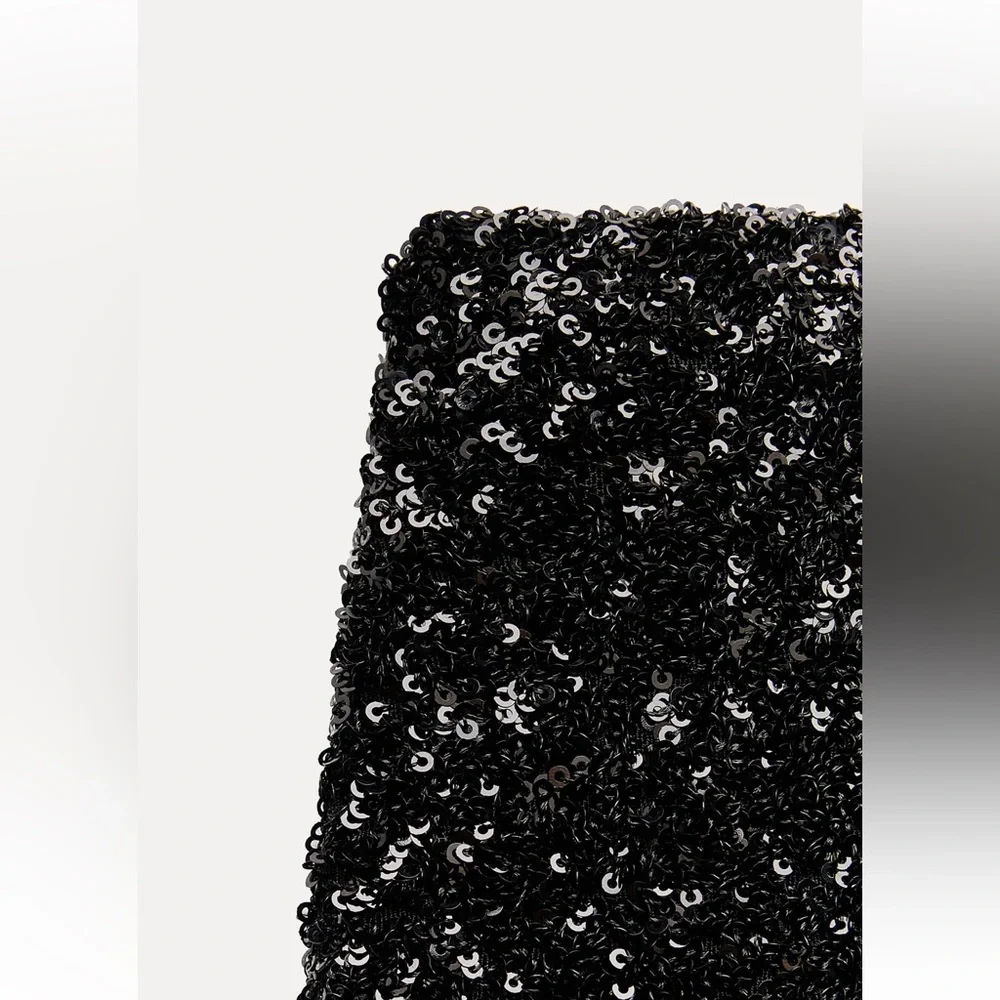 Zara Black Sequin Mini party Skirt mid waist Slit hem ZW Collection size S NWT - Picture 11 of 16